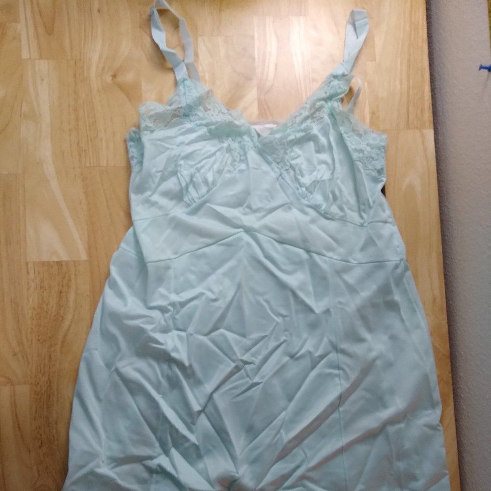 Vintage 70s Nightgown Lingerie Chemise Lace Trim Pastel Blue